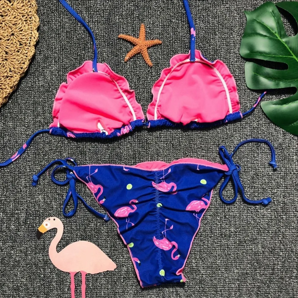 New Arrival Flamingos Bikini Set Bathing Suits Bandage Biquinis Triangle Bikinis 2018 mujer Ruffle Tankini Girls Sexy Swimming