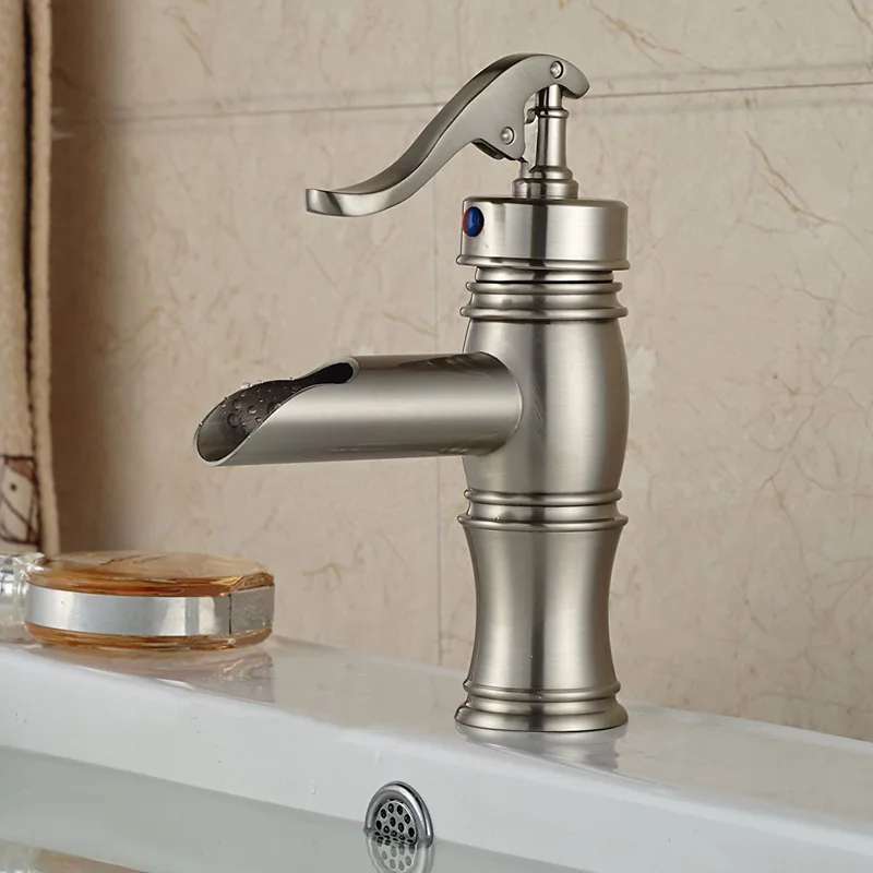 

Nickel Brushed Single Handle Basin Sink Faucet Deck Mounted Hot & cold Water Waterfall Basin Mixer Tap Free Shipping