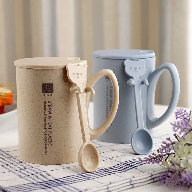 

Kawaii Cartoon Mug Cute Drink Milk Coffe Juice water Cup 450ml Cups and Mugs with Spoon Wheat Fiber Drinkware Set for Kids