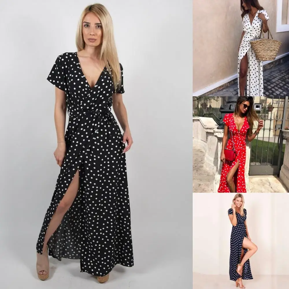 

2019 New Summer Dress V Neck Short Sleeve Dots Print Loose Long Maxi Split Mermaid Dress Women Fashion Tide Plus Size