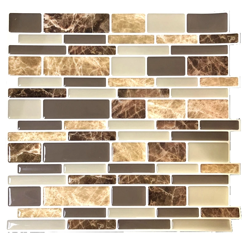 

Vividtiles Self Adhesive 3D Wall decal Sticker DIY Kitchen Bathroom Vinyl Peel and Stick Mix Brown Marble Mosaic Tile- 1 Sheet