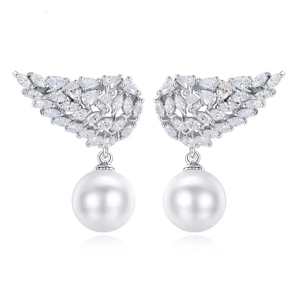 

LISM New Creative Wing Similuted Pearl Dangle Earring Jewelry Cubic Zircon Stone For Women Girl Party Gift Accessories