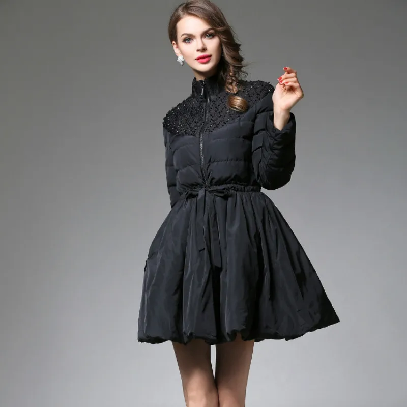 women upscale new fashion elegant vestidos winter casual black with beading zipper female down