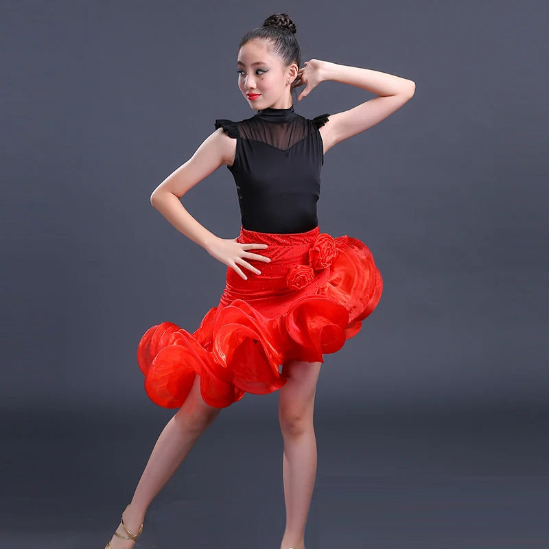 Платье для латинских танцев для девочек; детская одежда для сальсы для соревнований; красные юбки; костюмы для бальных танцев; Детские платья для сценических танцев