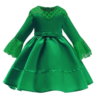 

Girls Flare Sleeve A-line Dress Lace Muslim Girls Dresses 2-10year Kids Red Green Vintage Party Wedding Evening Princess Frocks