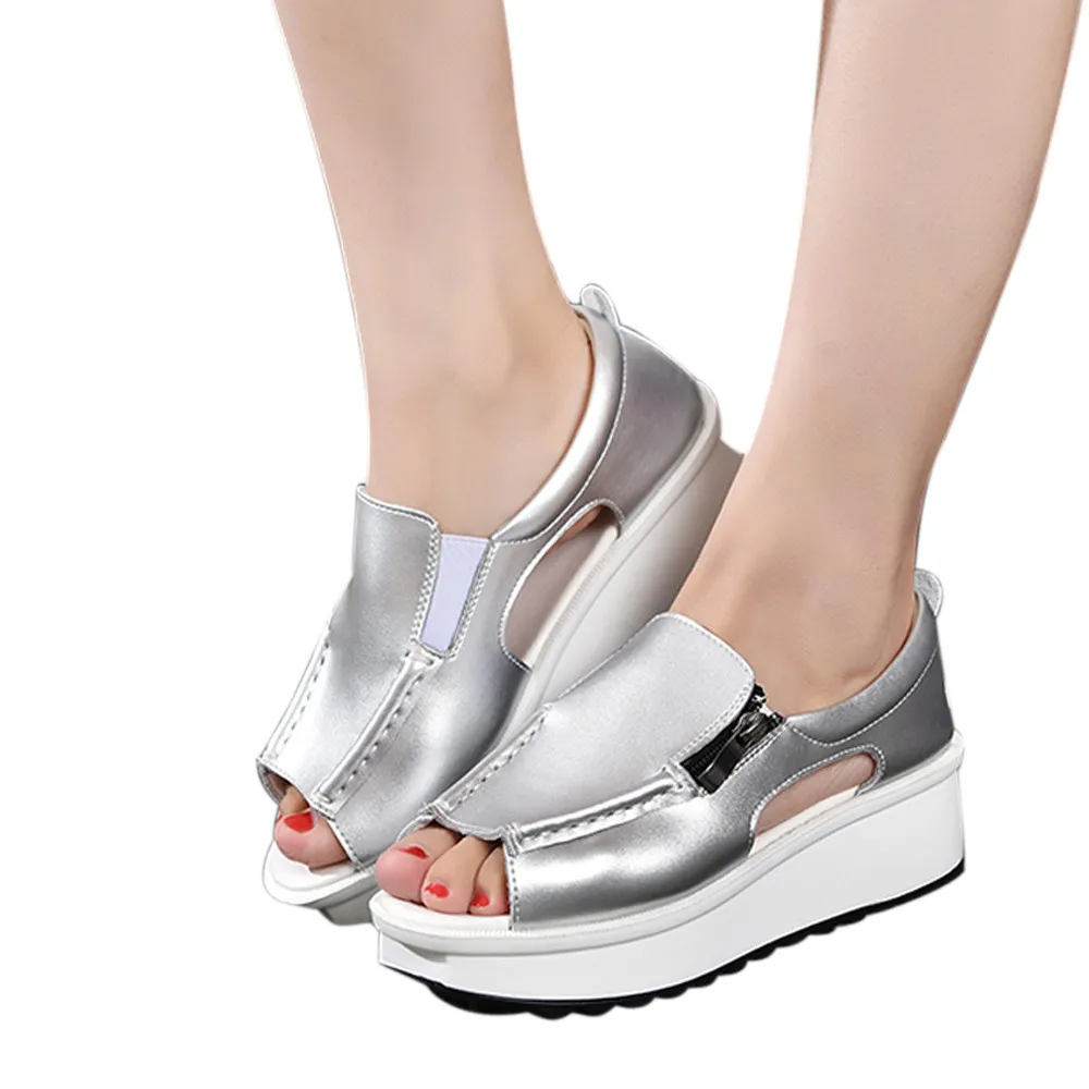 

SAGACE 2018 Summer women sandals wedges sandals Girls open toe round toe zipper silver white platform sandals shoes SIZE35-40