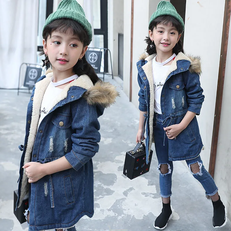 New Girls Winter Coat Faux Fox Fur Hoodie Detachable Jeans
