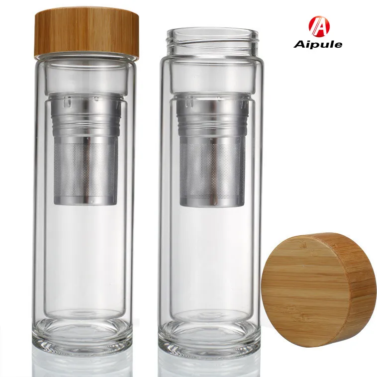 350ml Double wall glass tea filter glass bottle with screw bamboo cap