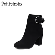 Новые женские офисные туфли высокого качества Модные женские ботильоны из натуральной кожи с пряжкой на Высоком толстом каблуке Pritivimin FN118