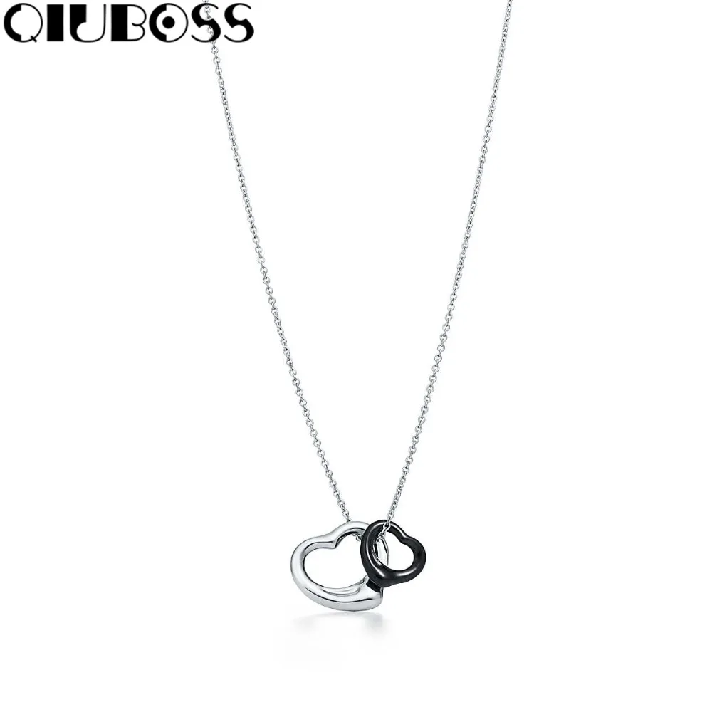 

QIUBOSS TiffanySilver 925 Sterling Silver Heart-shaped Men and Women Double Heart Clavicle Chain Pendant Necklace Black