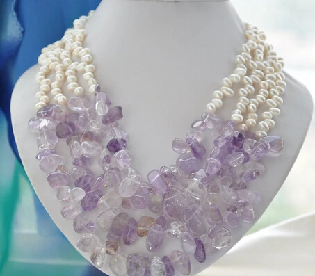 

huij 004538 4strands 7mm white RICE freshwater lavender amethyst necklace