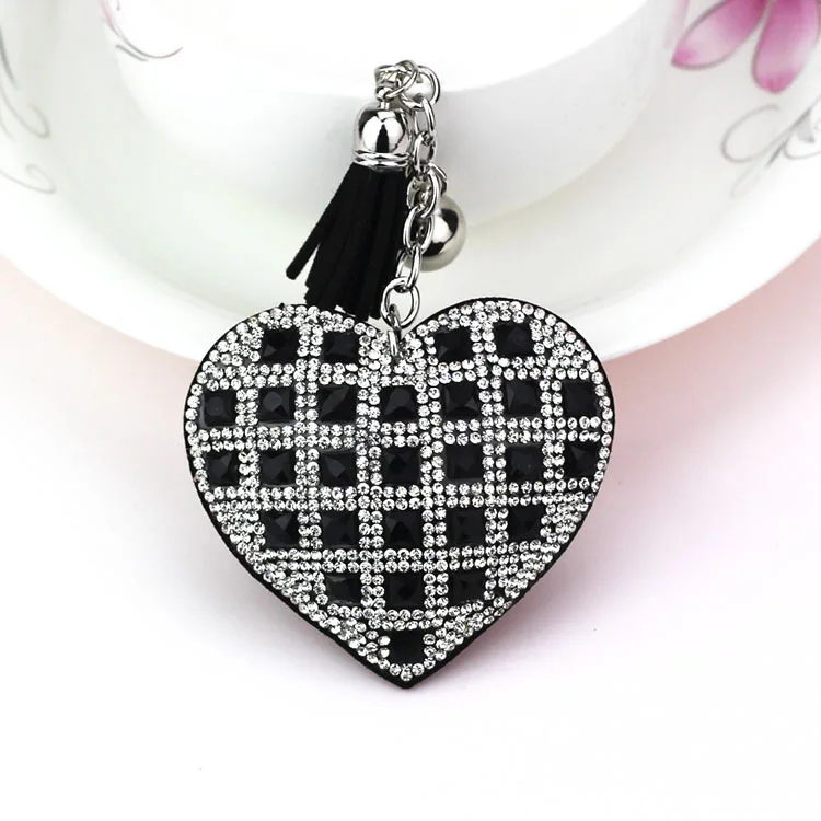 Fashion Keychain Heart Shape Female Full Glass Beads Key Covers Mosaic Leather Fringed Key Chain Car Ring Cap Gift