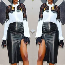 Женская летняя кожаная юбка миди, модная, высокая талия, на шнуровке, дизайнерская, сексуальная, для девушек, Империя, открытая, с завязками снизу, юбка из искусственной кожи, одноцветная, Черная
