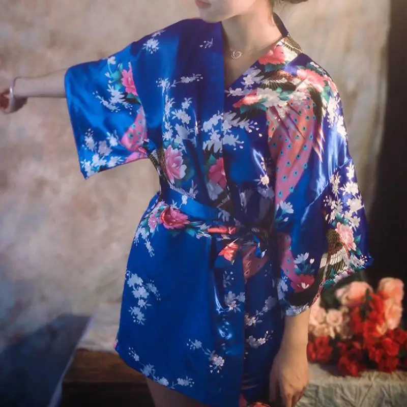 Flower&Peacock Kimono Bathrobe Women Satin Soft Sleepwear Sexy Mini Bride Bridesmaid Wedding Robe Dressing Party Gown