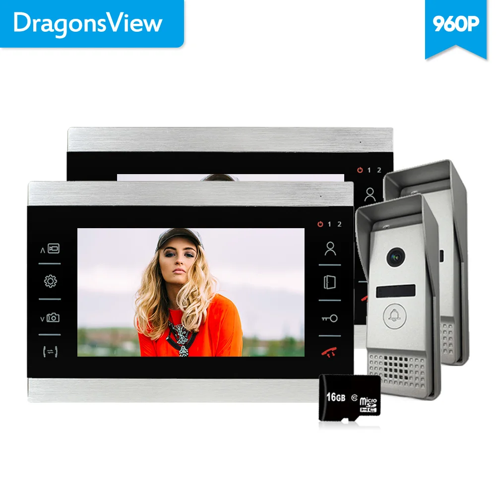 

Dragonsview New 7" Home Video Intercom Door phone System Video Intercom 2 Monitors 2 Doorbell Camera 960P Record SD card MP3/MP4
