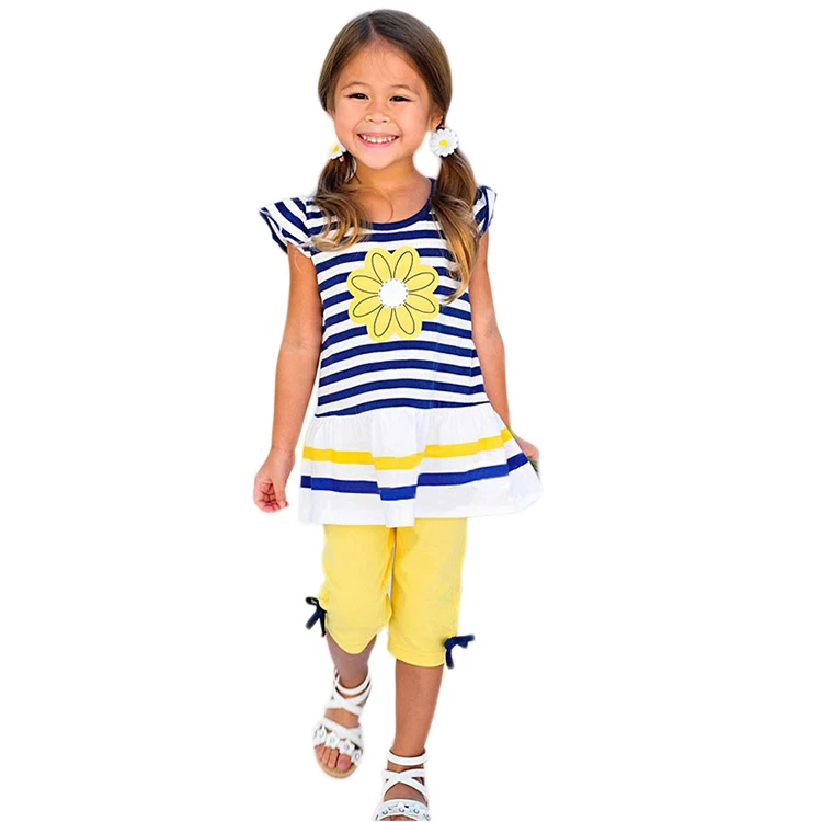 Hot Sale Baby Girl Clothes Blue Striped Flower Girls T Shirt+Yellow