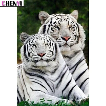 

CHENYI Diy Diamond Embroidery Cross Stitch Diamond Painting Two White Tiger Mosaic Diamond Art Of Rhinestones Paint By Numbers