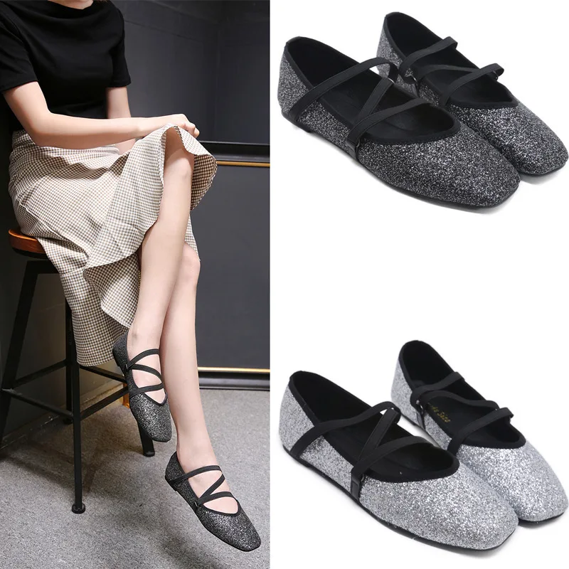 

flat new Casual Lace-Up PU Sequined Cloth ballet 2019 Fabric autumn Slip-On Square Toe Ballet Flats Elastic band Shallow Bling