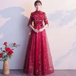 Новый блёстки Высокое качество Bling Qipao весна полной длины Вечеринка платье Половина рукава платья для женщин Китайский Винтаж Cheongsam