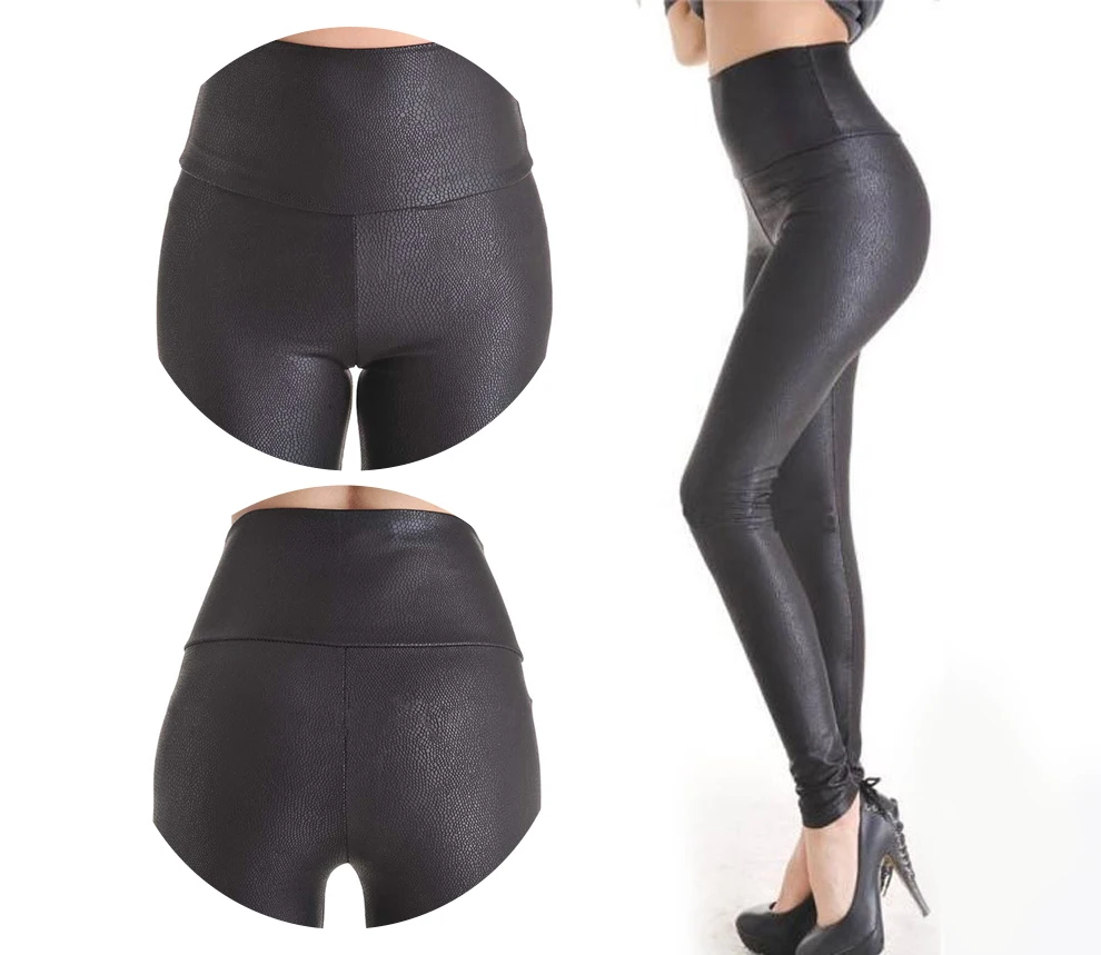 Image Fashion Snake Black Womens Leggings Stretch Leather High Waist Pants S M L 4 Size 1 pair Retail