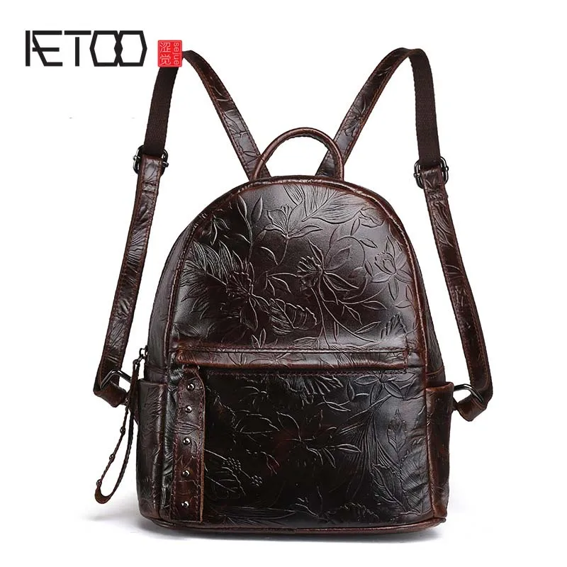 

AETOO Genuine Leather Women Embossed Rucksack First Layer Cowhide Daypack Casual School Book Bag Knapsack Famous Ladies BackpacK