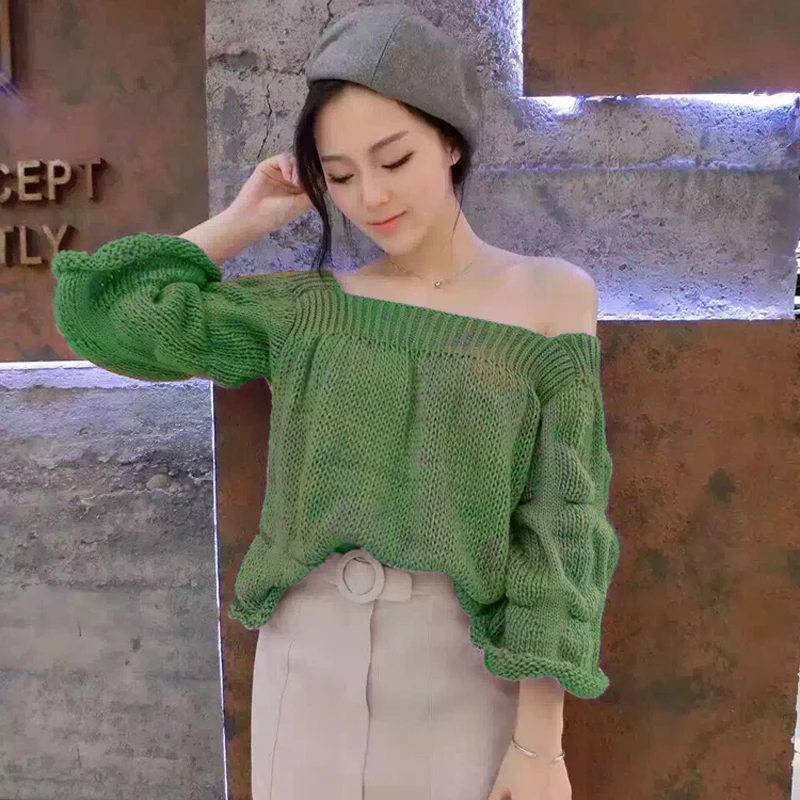 

2019 spring new Casual Women Loose Knitted Top Pullovers Sexy Off Shoulder Ruched Slash Neck sweater