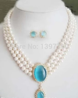 

Hot sell Noble- Miss charm Jew.43 Set White Freshwater Pearl & Blue Opal Necklace Earring (A0423)