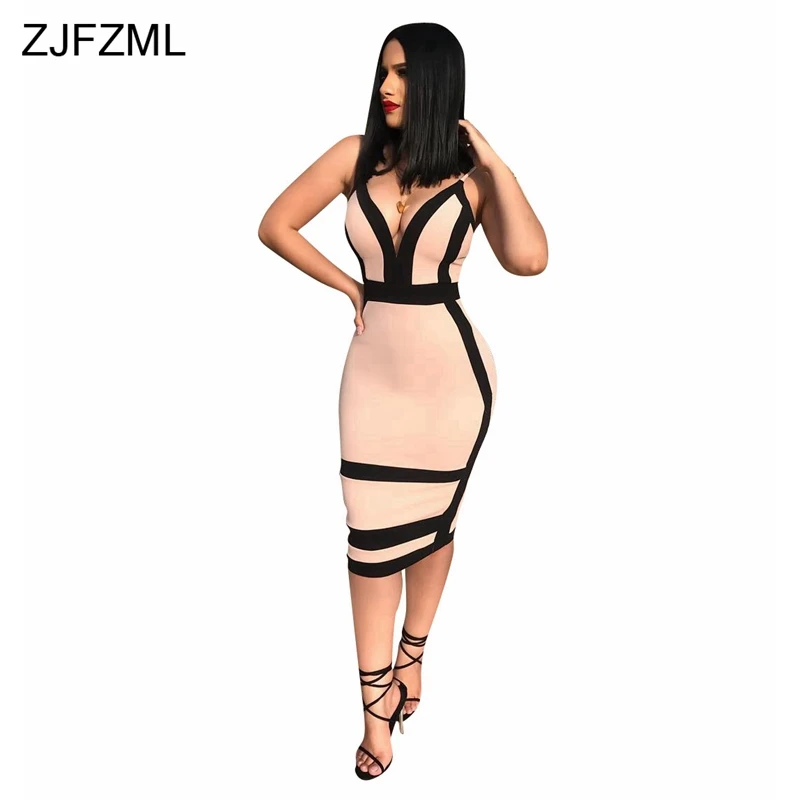 

ZJFZML Pink Black Contrast Color Pencil Dress Women V Neck Sleeveless Party Club Dress Summer Backless Spaghetti Strap Vestidos