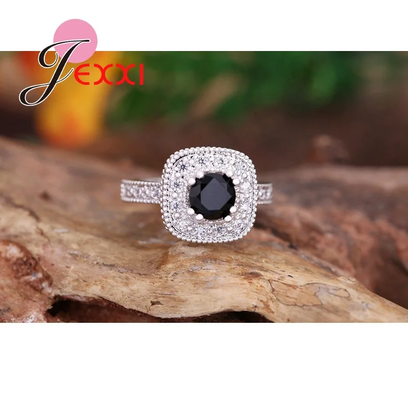 Классические квадратные прозрачные белые стразы с черным камнем Свадебные Кольца для женщин S925 штампованное серебряное кольцо для вечерние