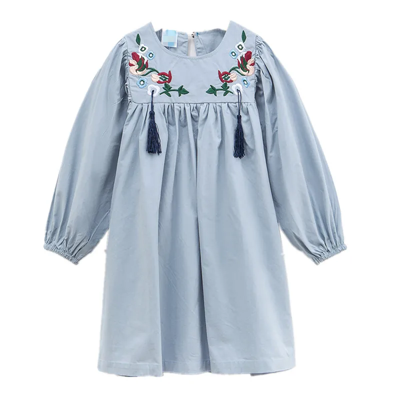 

4 to 16T kids & big girls embroidery flower long sleeve cotton shift dress children fall winter fashion flare dresses