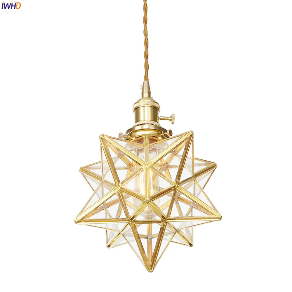 IWHD American Country LED Pendant Lamp Dinning Living Room Light Nordic Style Star Copper Glass Pendant Lights Fixtures Hanglamp