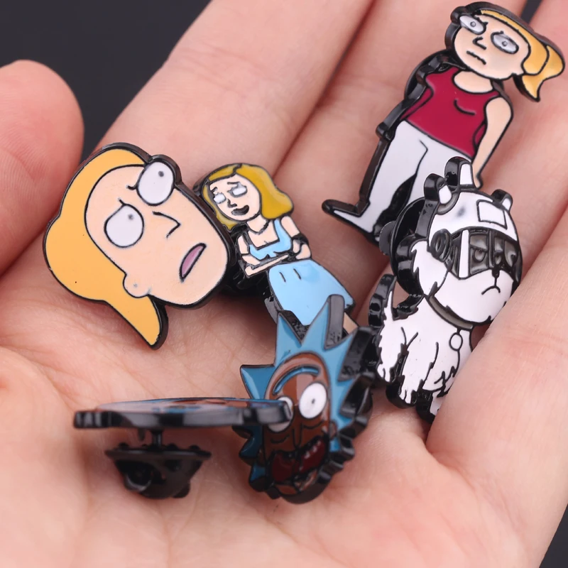 Wholesale 20pcs Funny Cartoon Rick and Morty Brooch Crazy Scientist and Grandson Enamel Lapel Pins Creative Gifts for Fans Kids