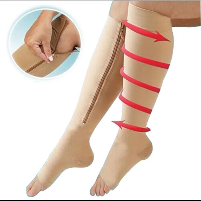 

New Arrival Legs Slimming Zippered Sox Compression Socks Zipper Leg Support Knee Stockings Open Toe S size Hot Sale