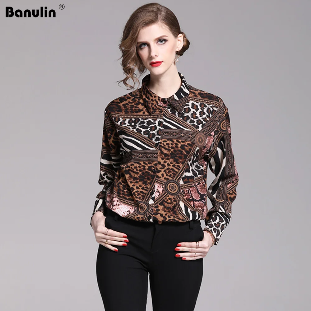 

Banulin 2019 Spring Runway Leopard Print Casual Top Women's Long Sleeve Turn Down Collar Elegant Office Lady Blouse Shirt