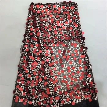 

Red Color African Lace Fabric 2019 High Quality French Mesh Lace Fabric With Sequins Nigerian Tulle Mesh Lace Fabric for Wedding
