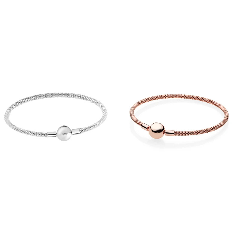 

2 Colors Silver & Rose Golden Mesh Bracelets for Women & Men Signature Round Clasp Fashion Silver 925 Jewelry DIY Charm Bracelet