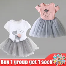 Комплекты детской одежды г. Новое Стильное Сетчатое платье с короткими рукавами и рисунком для девочек, костюмы дизайнерское платье для маленьких девочек