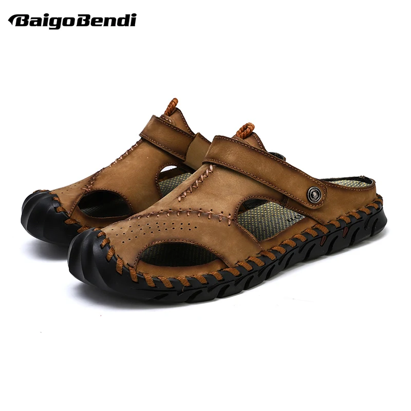 Big Size 6-12 Fisherman Close Toe Slippers Outside Man Summer Real Leather Sport Sandals Nonslip Beach Shoes