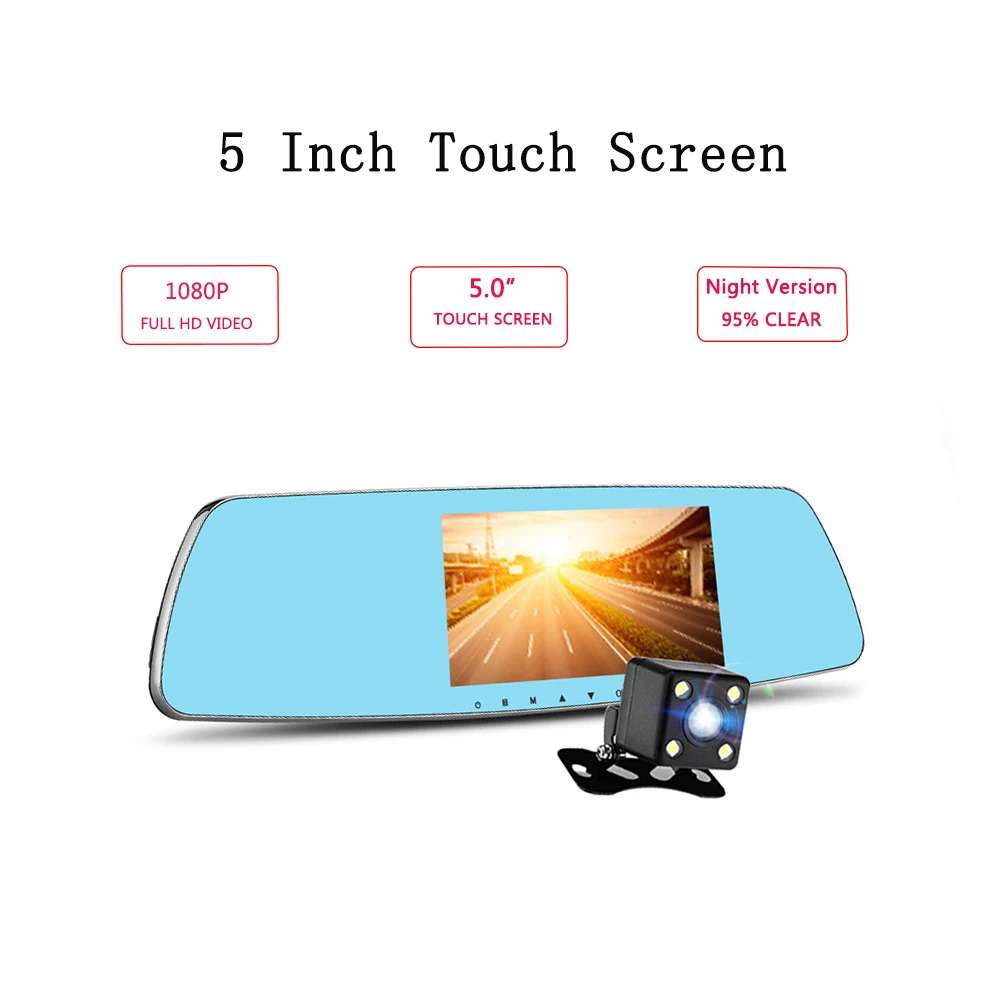 

5" Touch Screen Mirror Dash Cam Dual Dashboard Camera Recorder Front Rear View HD Camera G Sensor Night Vision Parking Monitor