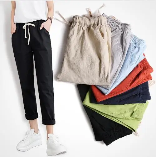 

Brand Chic Loose Cotton Linen Pants Women Soft Harem Pants Breathable Slim Ankle Length Pants Korean Leisure Hallen Pants Black