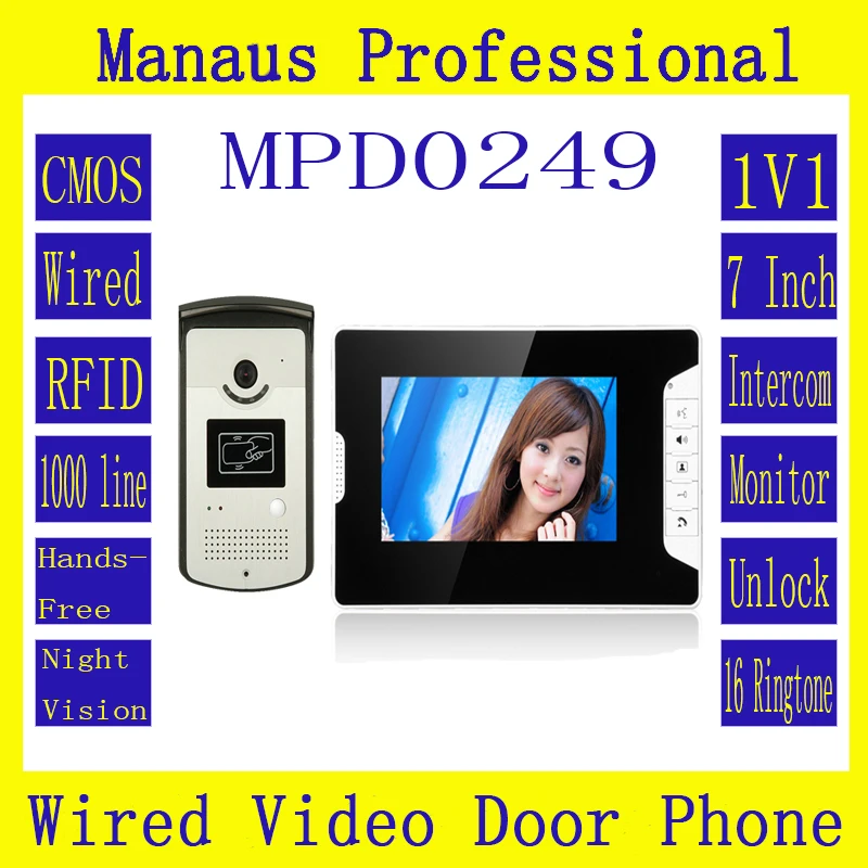 

Smart home 7" Color Video Intercom Door Phone System With 1 Monitor 1 RFID Card Reader HD IP44 Doorbell 1000TVL Camera D249a