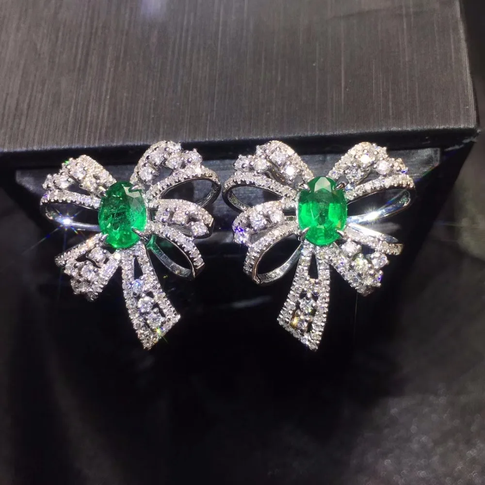 

Fine Jewelry Real Pure 18 K White Gold Jewelry AU750 100% Natural Emerald Gemstones 1.86ct Female's Stud Earrings for Women