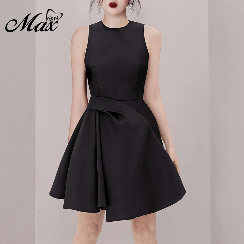 

Max Spri 2019 New Fashion Sexy O Neck Tank Sleeveless Ruched Hemline Office Lady Everyday Wear Women Party Little Black Dress