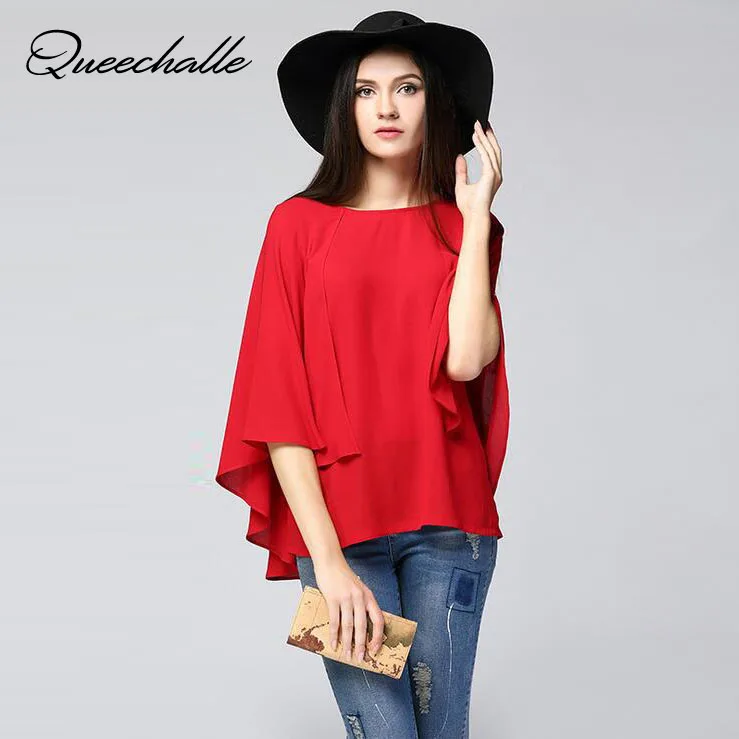 

Red Navy Color Cloak Cape Chiffon Blouse 2019 Summer Large Size Batwing Sleeve Women's Shirts 6XL Plus Size Loose Women Blouses