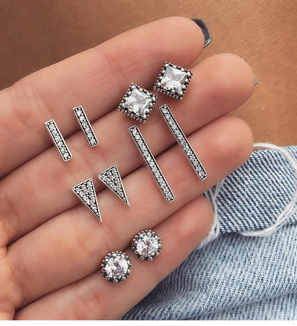 

2018 Geometrc Crystal Stud Earring Bijoux Vintage Round Triangle Square Silver Long Earrings Set For Women Aretes Party Jewelry