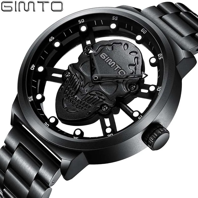 

Top Brand Luxury Hollow Skull Men Watch Creative Skeleton Gold Quartz Wristwatch Steel Casual Male Clock Relogio Masculino