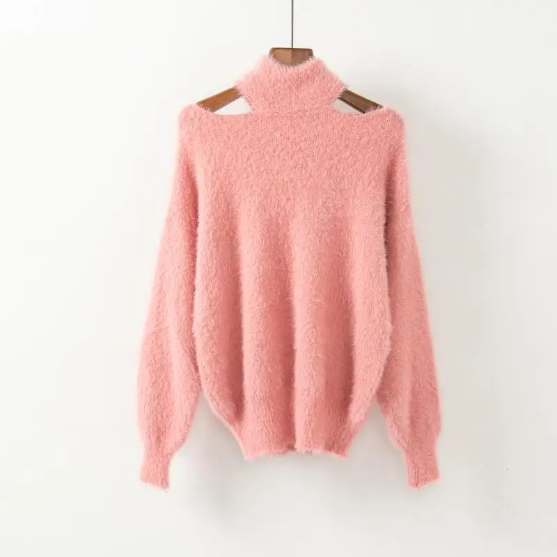 Кашемировый свитер женский пуловер вязаный свитер шарф воротник длинный рукав с открытыми плечами джемпер рукав-фонарик Однотонный свитер - Цвет: Pink sweater