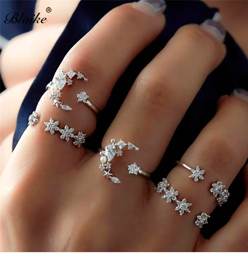 

Blaike 2019 5 pcs/set Boho Rhinestone Adjustable Ring Set For Women Open Size Alloy Jewelry Unique New Year Valentine Gifts