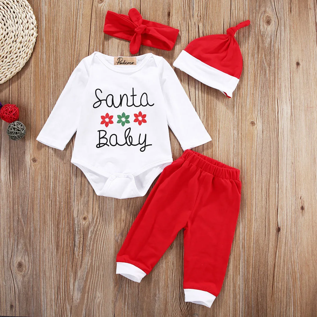 4Pcs Cute Baby Xmas Outfits Newborn Baby Girls Santa Christmas Romper