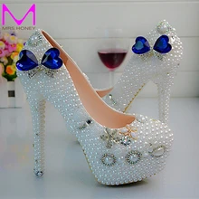 Weiße Perle Blauen Kristall High Heel Schuhe Frauen Neue Designer Handgemachte Hochzeit Schuhe Crown Strass Dame Glücklich Prom Schuhe